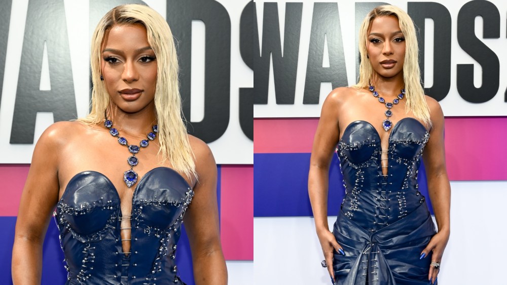 Victoria Monét at the 2024 BET Awards on June 30 in Los Angeles, navy leather dress, red carpet