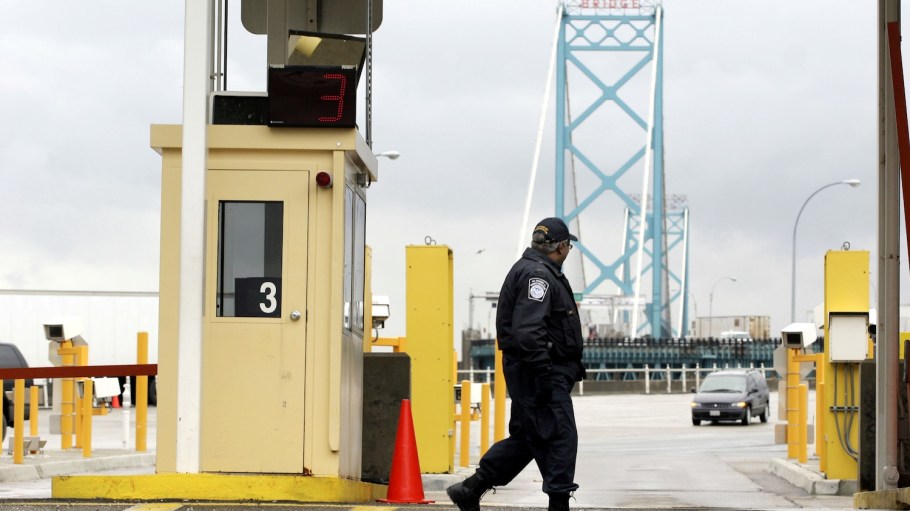 Vehicles enter the United States from Canada across the Ambassador Bridge at a U.S. Customs port of entry.