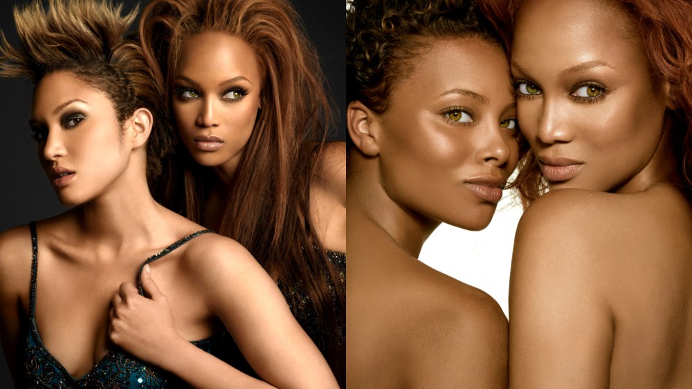 Eva Marcille posing with Tyra Banks on americas next top model winners, where are they now, antm