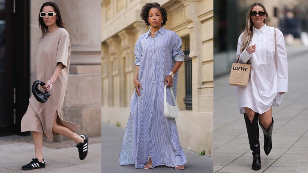 three women wear various shirt dress styles