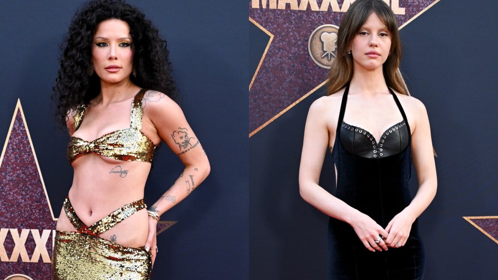 Halsey, left, and Mia Goth attend the premiere of "MaXXXine" held at TCL Chinese Theatre on June 24 in Los Angeles, Calif.