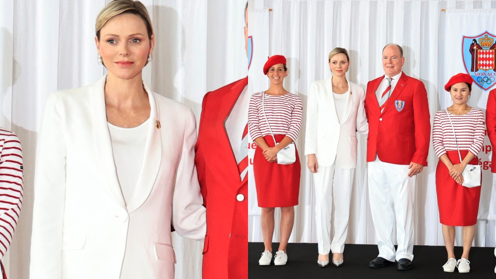Prince's Albert II of Monaco (3R) and Princess Charlene of Monaco (3L) pose for a picture with (from L) athletes Marie-Charlotte Gastaud, Quentin Antognelli, Lisa Pou, Xiaoxin Yang and Theo Druenne during the presentation of Monaco's Olympic team for the Paris 2024 Games, in Monaco on June 27, 2024. (Photo by Valery HACHE / AFP) (Photo by VALERY HACHE/AFP via Getty Images)