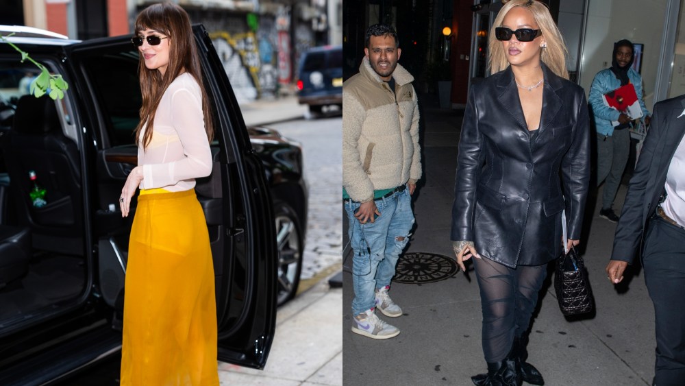 Dakota Johnson in New York City in June 10, left, Rihanna in New York City on May 16