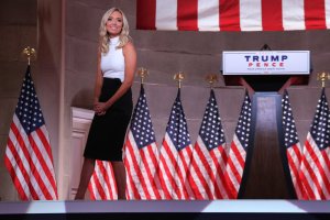 White House Press Secretary Kayleigh McEnany walks off the stage after pre-recording her address to the Republican National Convention from inside an empty Mellon Auditorium on August 26, 2020 in Washington, DC. The novel coronavirus pandemic has forced the Republican Party to move away from an in-person convention to a televised format, similar to the Democratic Party's convention a week earlier.