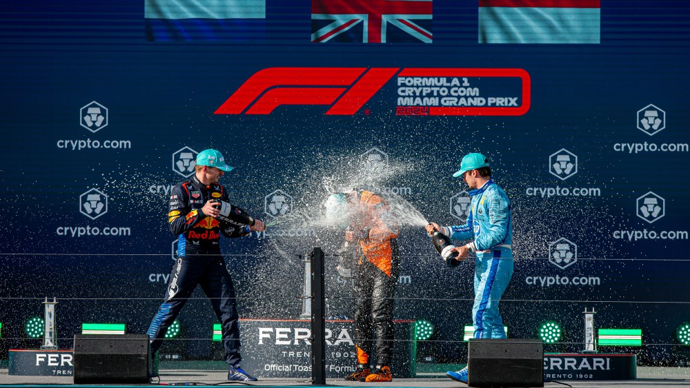 Max Verstappen from the Netherlands is driving the (1) Oracle Red Bull Racing RB20 Honda RBPT, Lando Norris from the UK is driving the (4) McLaren F1 Team MCL38 Mercedes, and Charles Leclerc from Monaco is driving the (16) Scuderia Ferrari SF-24 Ferrari on the podium during the FORMULA 1 CRYPTO.COM MIAMI GRAND PRIX 2024 in Miami, USA, on May 5, 2024. (Photo by Alessio Morgese/NurPhoto via Getty Images)