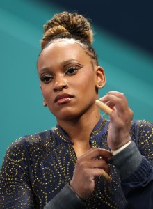 Rebeca Andrade of Team Brazil is introduced prior to the Artistic Gymnastics Women's Team Final on day four of the Olympic Games Paris 2024 at Bercy Arena on July 30, 2024 in Paris, France.