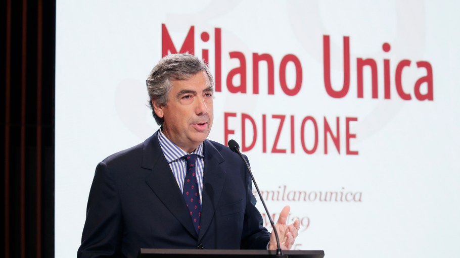 Milano Unica president Simone Canclini welcomes attendees to the trade show during the opening ceremony.