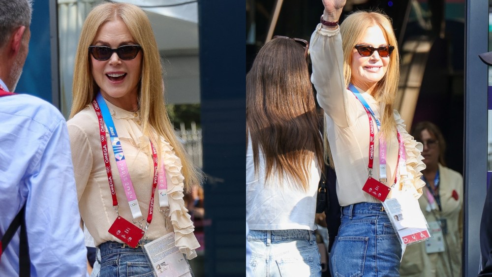 Nicole Kidman at the 2024 Paris Olympics on July 30, Keith Urban, gymnastics, ruffled blouse, cherry red, ballet flats