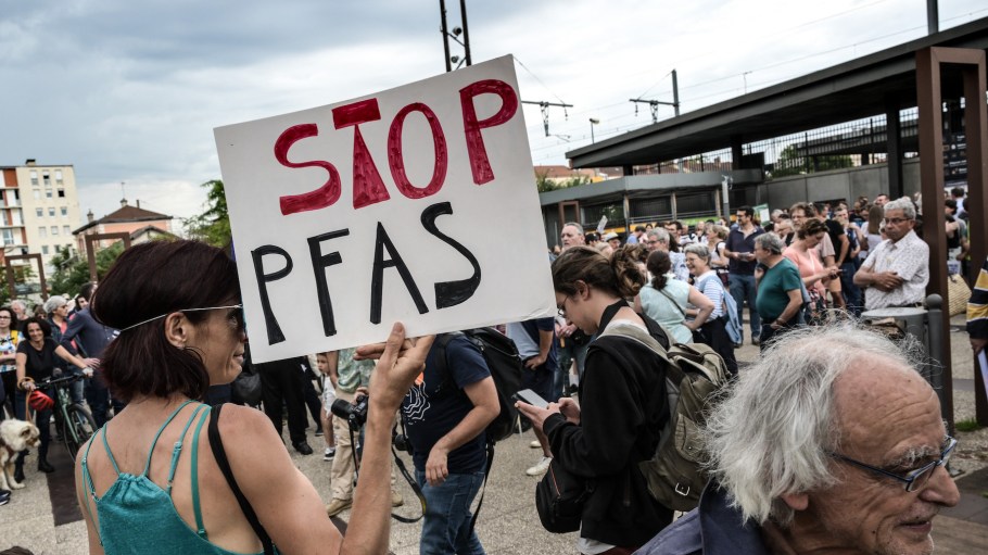 Demonstrators gather at a rally to protest against a national and international use of PFAS, as a precautionary principle, in Oullins, France, on May 26, 2024.