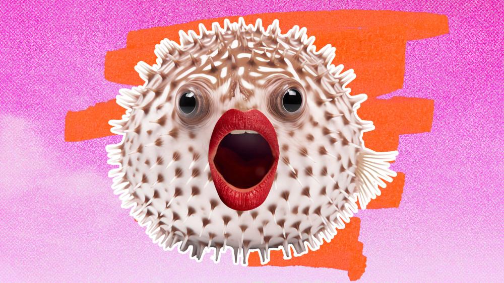 Puffer fish with lipstick, showcasing TikTok's latest trend 'cortisol face.'