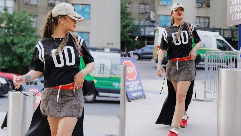 Rihanna attends Manchester City vs. AC Milan in New York on July 27, Fenty x Puma, sneakers, avanti, miu miu skirt and bikini briefs