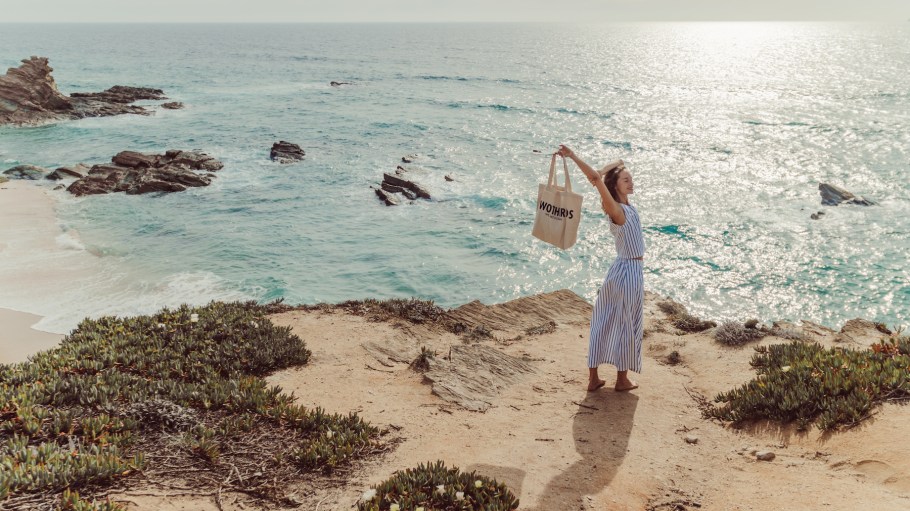 TwoThirds' Kolguyev top in navy stripes, Reyneke skirt in sailor stripes and tote bag in ecru.