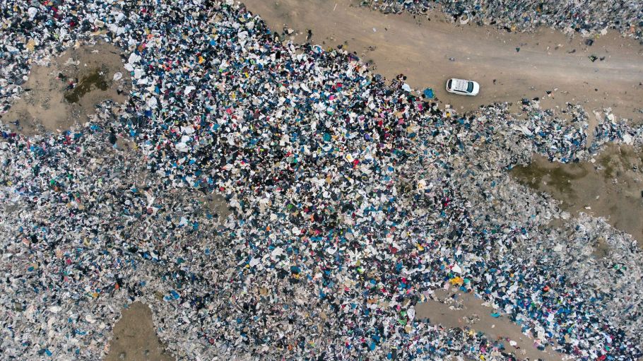 Aerial view of used clothes discarded in the Atacama desert, in Alto Hospicio, Iquique, Chile, on September 26, 2021.