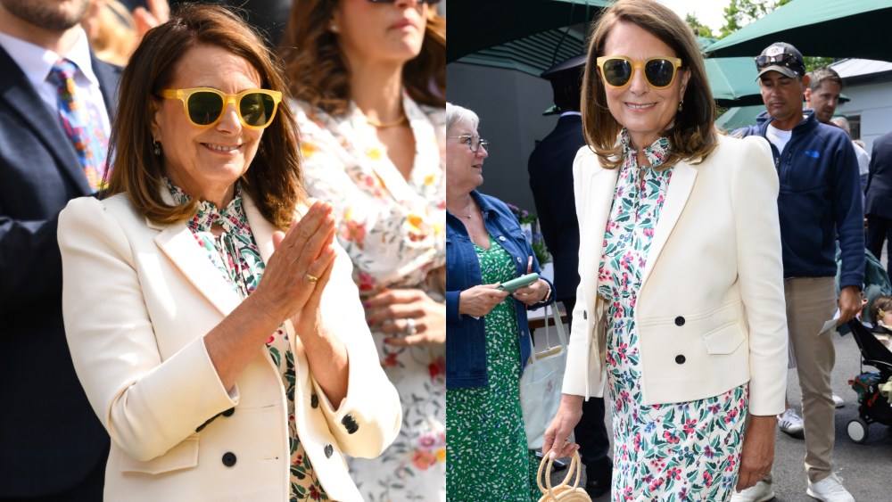 Carole Middleton Wears Princess Catherine's Go-to Brand Me+Em's Blazer With Cefinn's 'Instant Bestseller' Dress for Wimbledon 2024, LONDON, ENGLAND - JULY 04: Carole Middleton attends day four of the Wimbledon Tennis Championships at the All England Lawn Tennis and Croquet Club on July 04, 2024 in London, England. (Photo by Karwai Tang/WireImage)