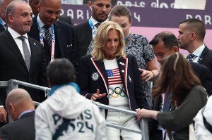US First Lady Jill Biden (C) attends fencing competition during the Paris 2024 Olympic Games at the Grand Palais in Paris, on July 27, 2024. (Photo by Franck FIFE / AFP) (Photo by FRANCK FIFE/AFP via Getty Images)
