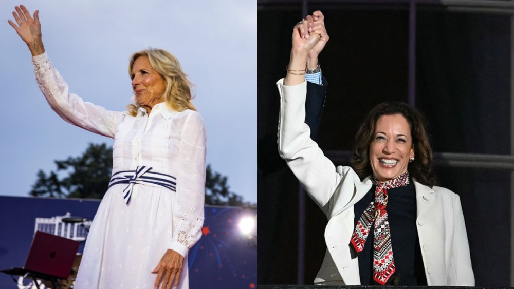 First Lady Dr. Jill Biden and Vice President Kamala Harris walk on stage during a 4th of July event on the South Lawn of the White House