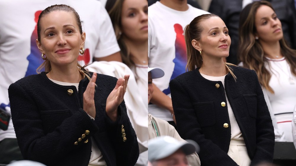 LONDON, ENGLAND - JULY 08: novak wife Jelena Djokovic looks on from the player's box following Novak Djokovic of Serbia's victory against Holger Rune of Denmark in the Gentlemen's Singles fourth round match during day eight of The Championships Wimbledon 2024 at All England Lawn Tennis and Croquet Club on July 08, 2024 in London, England. (Photo by Julian Finney/Getty Images)