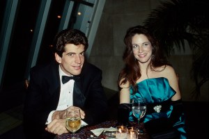 View of American couple, lawyer and publisher John F Kennedy Jr (1960 - 1999) and Christina Haag at an unspecified event, New York, New York, 1986.