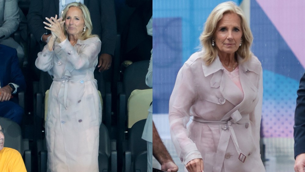 NANTERRE, FRANCE - JULY 27: First Lady of United States of America Dr Jill Biden attends day one of the swimming event at Paris La Defense Arena on July 27, 2024 in Nanterre near Paris, France. (Photo by Jean Catuffe/Getty Images), sheer trench coat