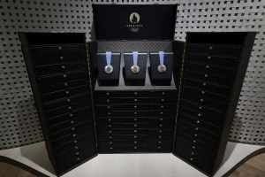 The 2024 Paris Olympic Games medals are displayed inside a custom-designed trunk manufactured by Louis Vuitton, an LVMH brand partner of the Paris Olympic and Paralympic Games, during a gathering at LVMH in Paris on July 22, 2024, ahead of the start of the 2024 Paris Olympic Games. (Photo by STEPHANE DE SAKUTIN / AFP) (Photo by STEPHANE DE SAKUTIN/AFP via Getty Images)