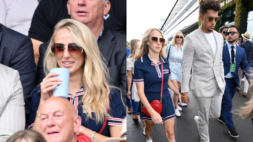 LONDON, ENGLAND - JULY 05: Patrick Mahomes and Brittany Mahomes attend day five of the Wimbledon Tennis Championships at the All England Lawn Tennis and Croquet Club on July 05, 2024 in London, England. (Photo by Karwai Tang/WireImage)