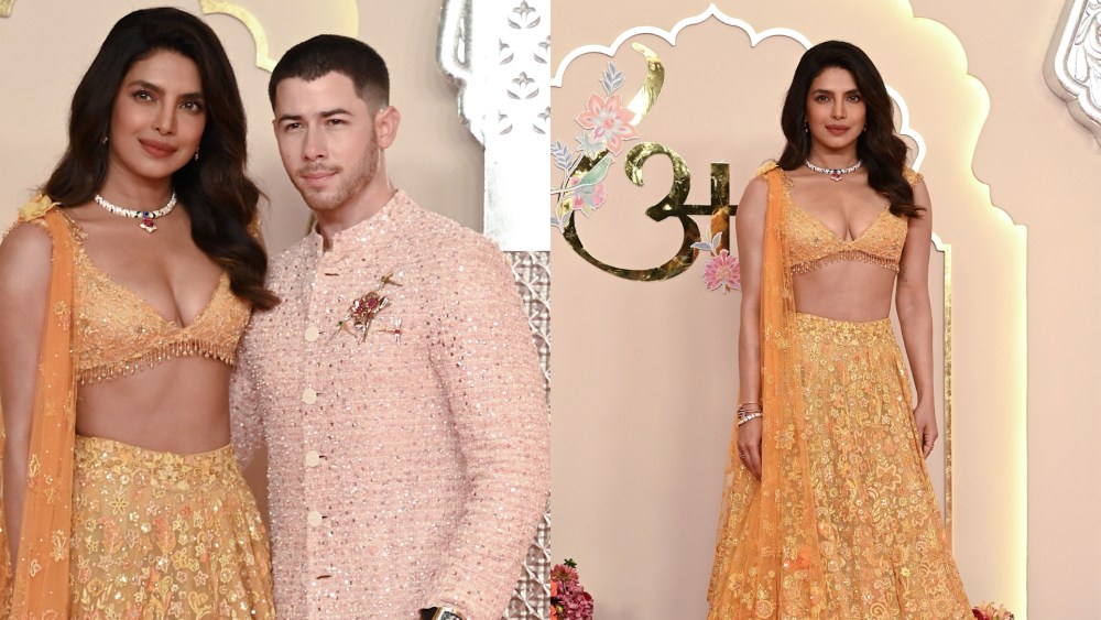 Priyanka Chopra Jonas orange dress (L) and Nick Jonas pink coat (R) at the wedding ceremony of Anant Ambani and Radhika Merchant in Mumbai on July 12, indian fashion