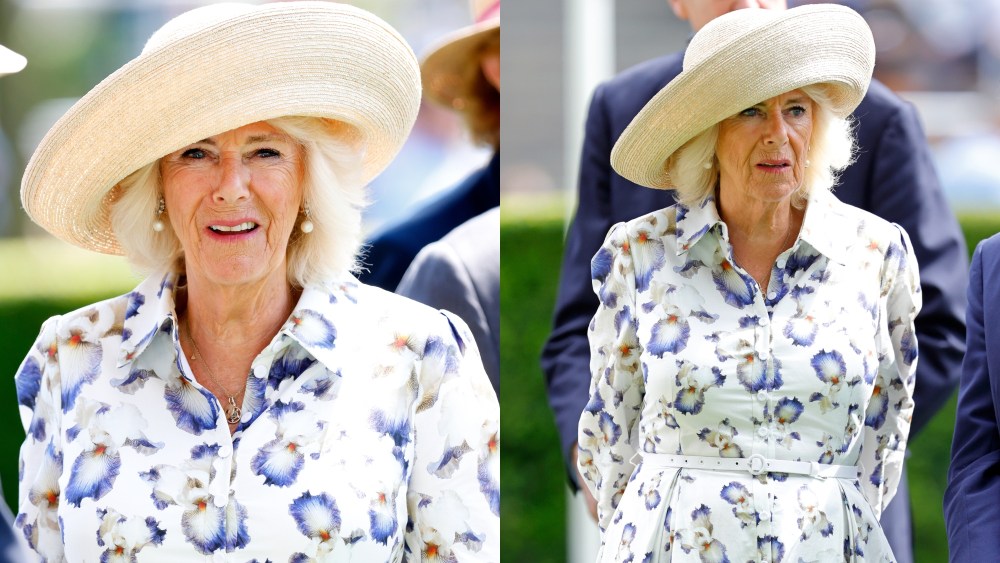 ASCOT, UNITED KINGDOM - JULY 27: (EMBARGOED FOR PUBLICATION IN UK NEWSPAPERS UNTIL 24 HOURS AFTER CREATE DATE AND TIME) Queen Camilla attends the QIPCO King George Day at Ascot Racecourse on July 27, 2024 in Ascot, England. (Photo by Max Mumby/Indigo/Getty Images), suzannah london maximalist floral print shirtdress with irises