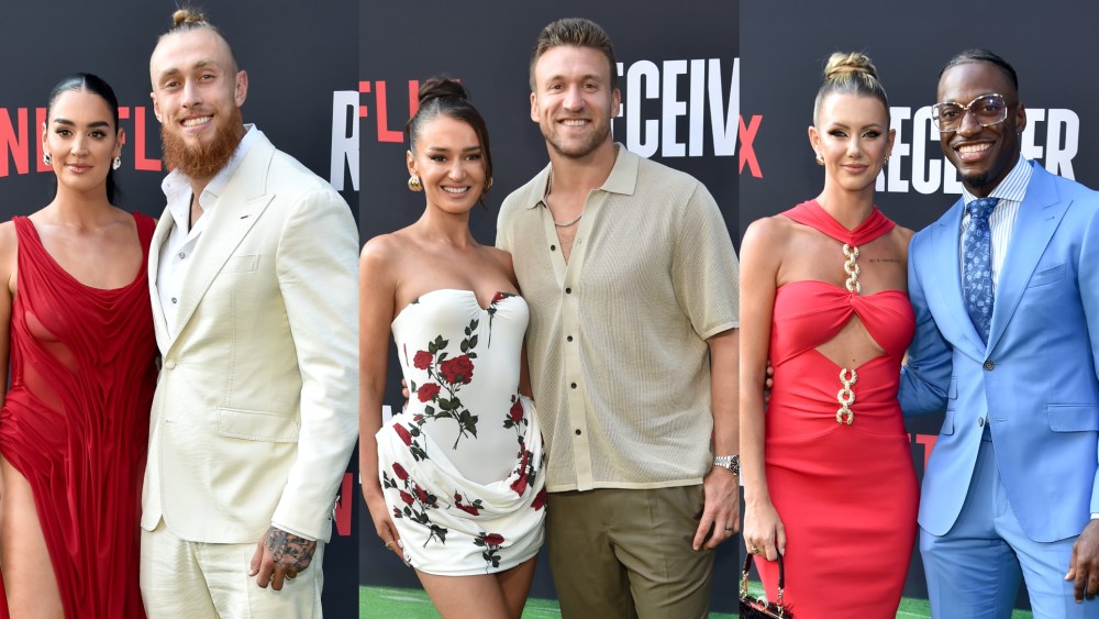 Claire Kittle and George Kittle, Kristin and Kyle Juszczyk, Grete Griffin and Robert Griffin III, Netflix receiver premiere red carpet looks.