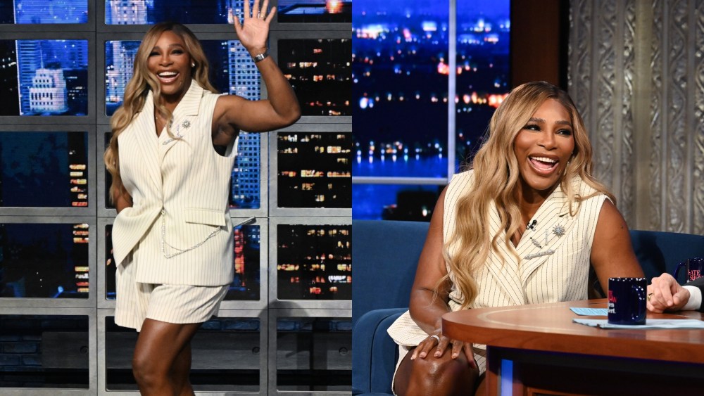 The Late Show with Stephen Colbert and guest Serena Williams during Tuesday’s July 9, 2024 show. Photo: Scott Kowalchyk/CBS ©2024 CBS Broadcasting Inc. All Rights Reserved.