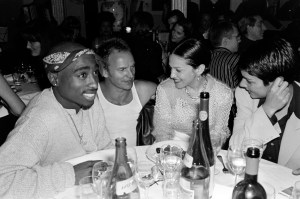 Tupac Shakur, Sting, Madonna and Ingrid Casares attend Ingrid Sischy’s dinner party for Gianni Versace at Barocco.