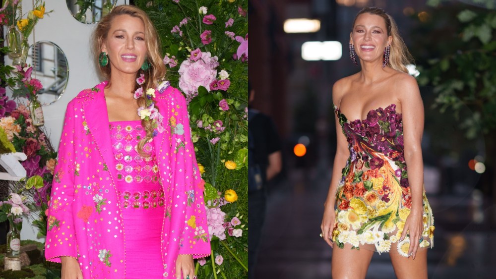 Blake Lively promotes "It Ends With Us" in New York on Aug. 3, Dauphinette, hot pink, florals, Oscar de la Renta, minidress