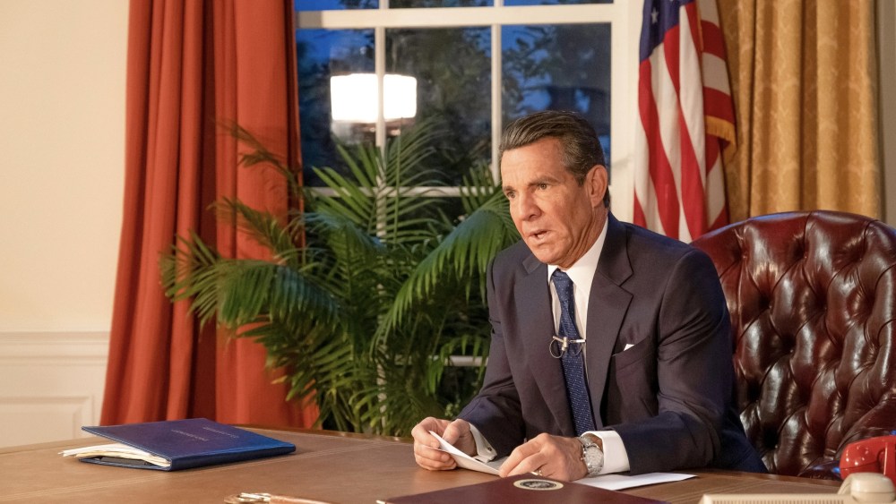 A still from "Reagan" with Dennis Quaid in a Rick Pallack-designed suit, costumes, ronald reagan