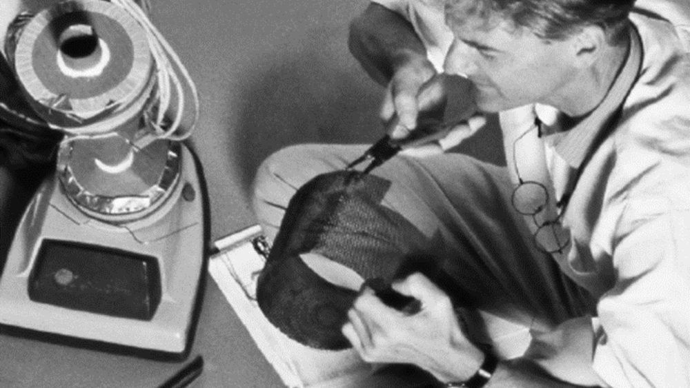 Sir James Dyson working on an early prototype.