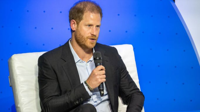 BOGOTA, COLOMBIA - AUGUST 15: Prince Harry, Duke of Sussex speaks onstage during a forum about digital responsibility at EAN University during a visit around Colombia on August 15, 2024 in Bogota, Colombia. (Photo by Diego Cuevas/Getty Images)