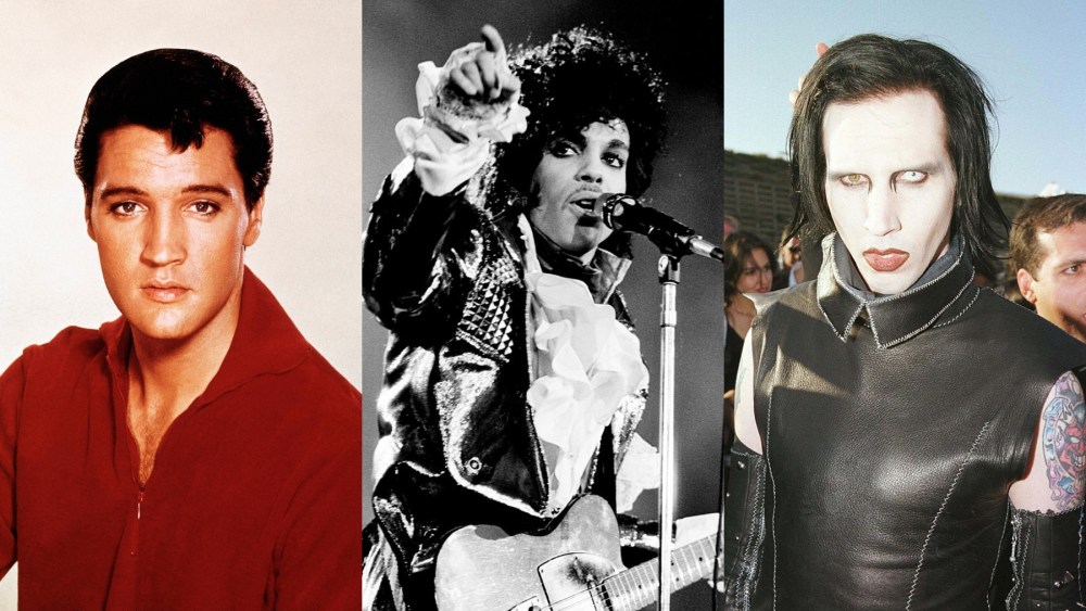 men with eyeliner, L to R: Elvis Presley, Prince and Marilyn Manson, eyeliner, guyliner, makeup