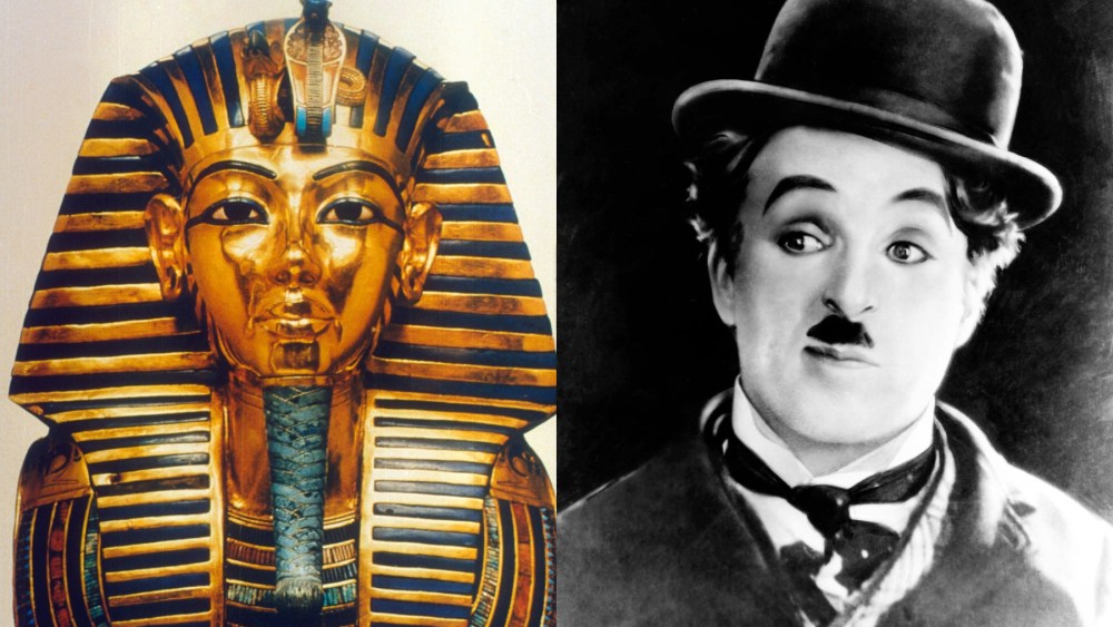 Funerary mask of Tutankhamun; Charlie Chaplin in 1928, men wearing eyeliner, guyliner, makeup