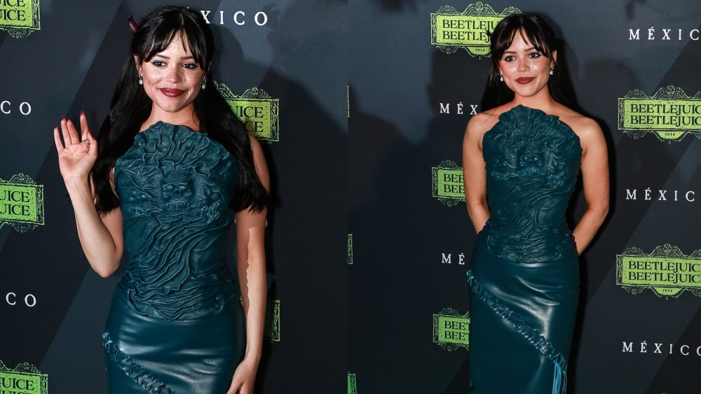 Jenna Ortega attends the "Beetlejuice Beetlejuice" fan event on Aug. 14 in Mexico City, Lurline, teal leather dress, molded skull corset, red carpet, premiere