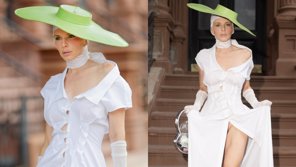 Julia Fox in New York on Aug. 12, Gap Zac Posen shirtdress, Brat green
