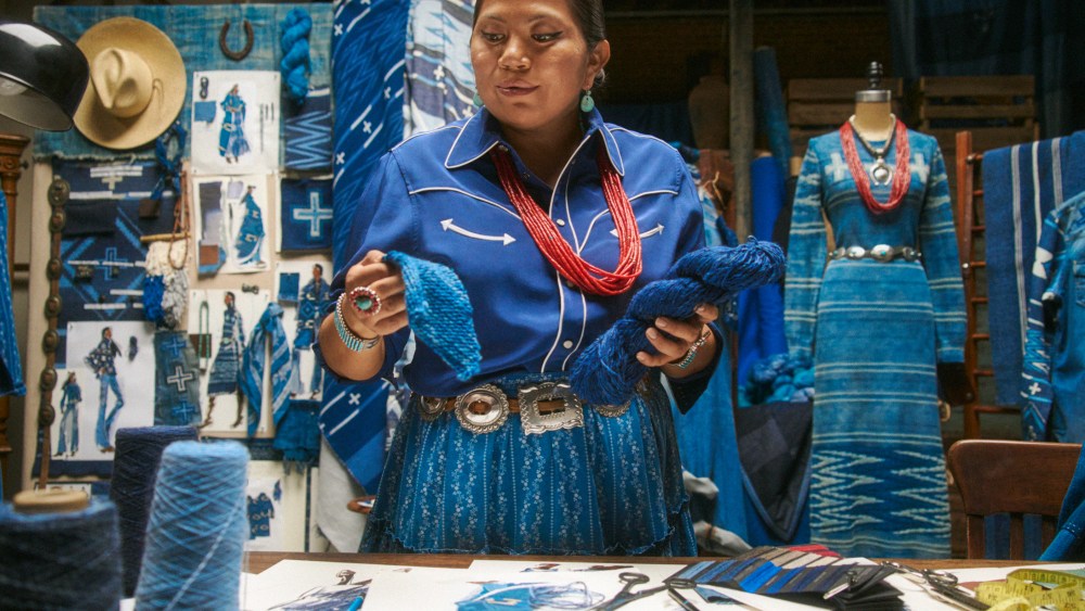 Naiomi Glasses in the atelier wearing her "Denim Daydream" collection for Polo Ralph Lauren.