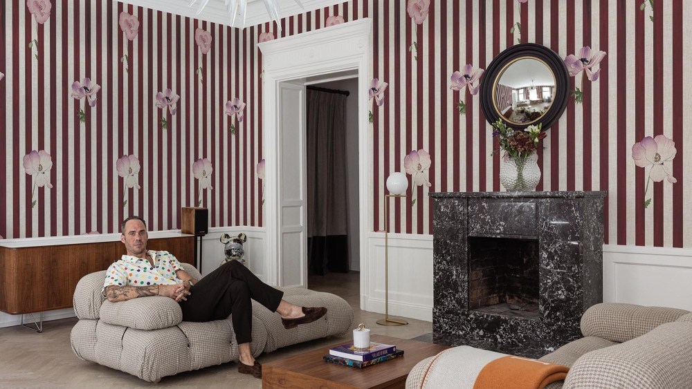 Sebastian Dollinger with one of his wallpaper designs for BelarteSTUDIO.