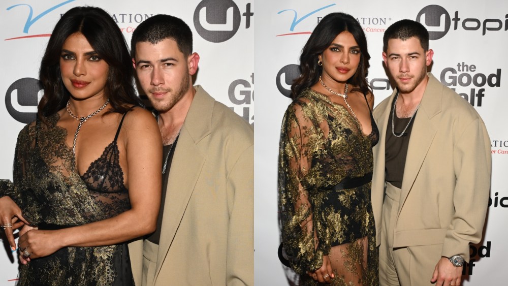 Priyanka Chopra and Nick Jonas at the premiere of "The Good Half" on Aug. 13 in Beverly Hills, Dolce & Gabbana, sheer, metallic lace dress, red carpet, Bulgari
