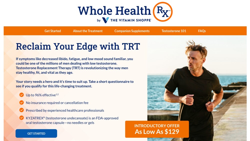 The Vitamin Shoppe Whole Health Rx testosterone replacement therapy landing page.
