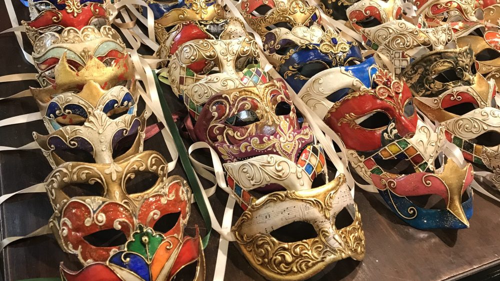 A display of masks at the Venice Art mask factory in Shkodër, Albania.