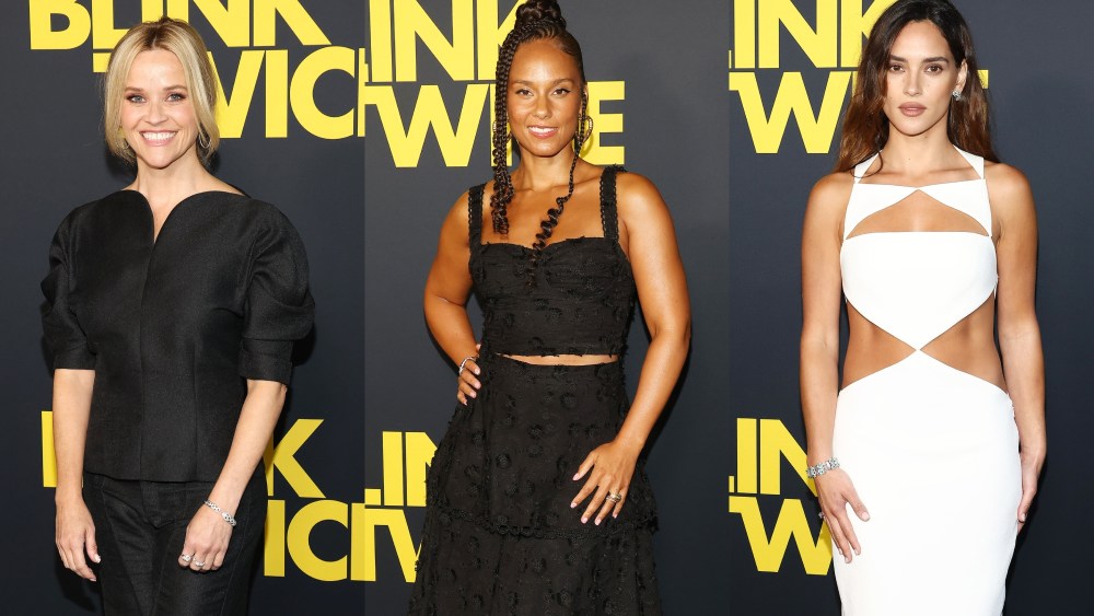 (L-R) Reese Witherspoon, Alicia Keys, Adria Arjona at the 'Blink Twice' premiere in Los Angeles on Aug. 8.