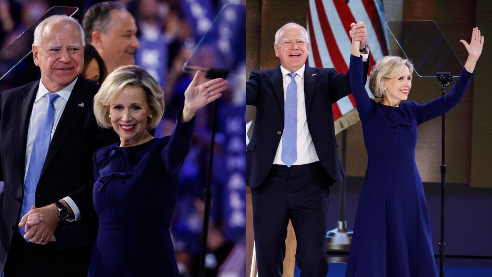 tim walz's wife gwen walz wearing blue carolina herrera bow dress at democratic national convention 2024 last night.