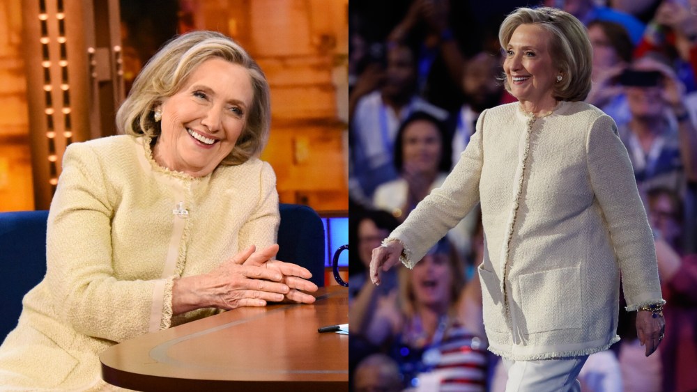 Hillary Clinton wears and off-white-tweed jacket on 'The Late Show with Stephen Colbert,' left, and at the 2024 DNC in Chicago on Aug. 19, left.