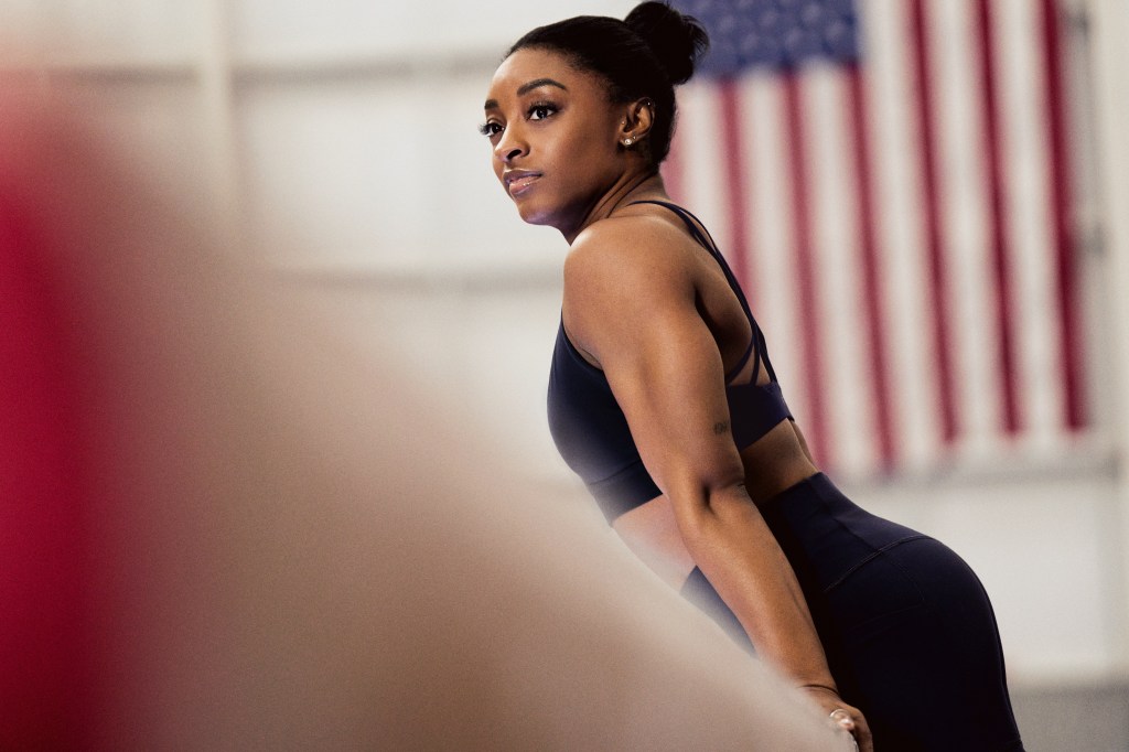 Simone Biles in Athleta's Anthem collection launched in June.
