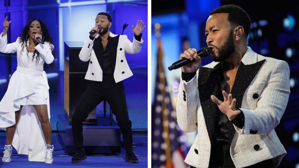 Musicians John Legend and Sheila E. perform on stage during the third day of the Democratic National Convention at the United Center on Aug. 21, 2024 in Chicago, balmain suit