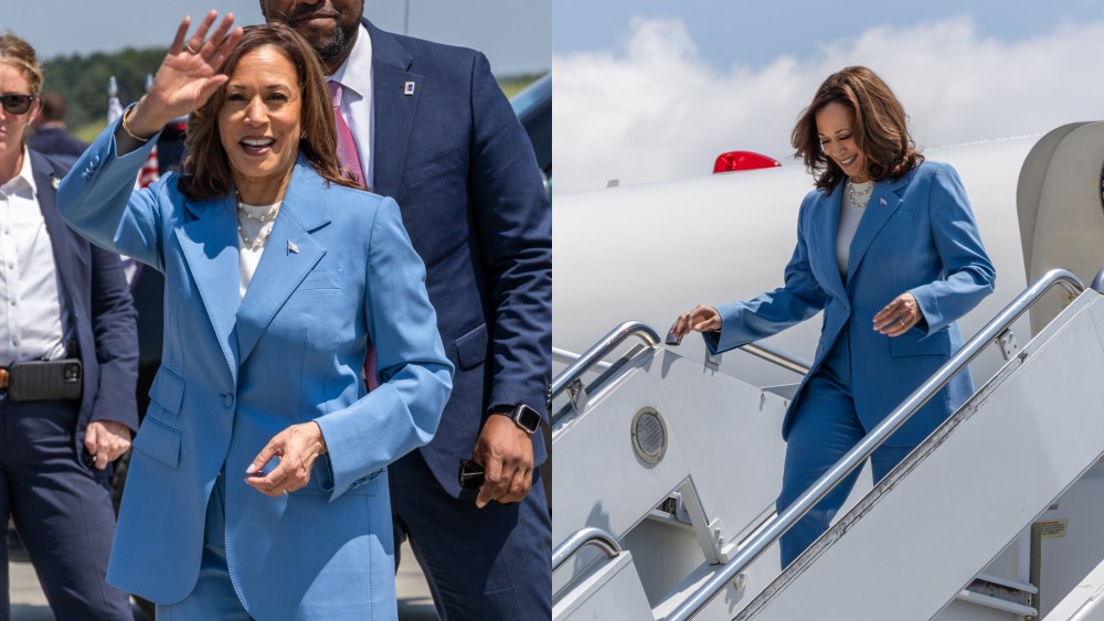 Kamala Harris wears blue suit greets supporters after exiting Air Force Two as she arrives for a speech and press announcement on Aug. 16, 2024, in Raleigh, North Carolina.
