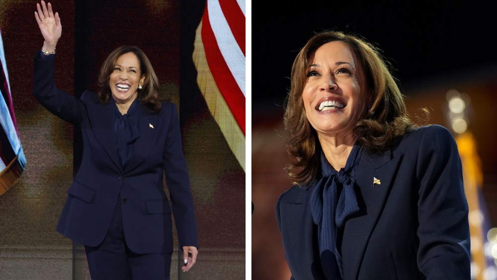 Democratic presidential candidate, U.S. Vice President Kamala Harris, on the final day of the Democratic National Convention at the United Center on Aug. 22, 2024 in Chicago, chloe blue suit